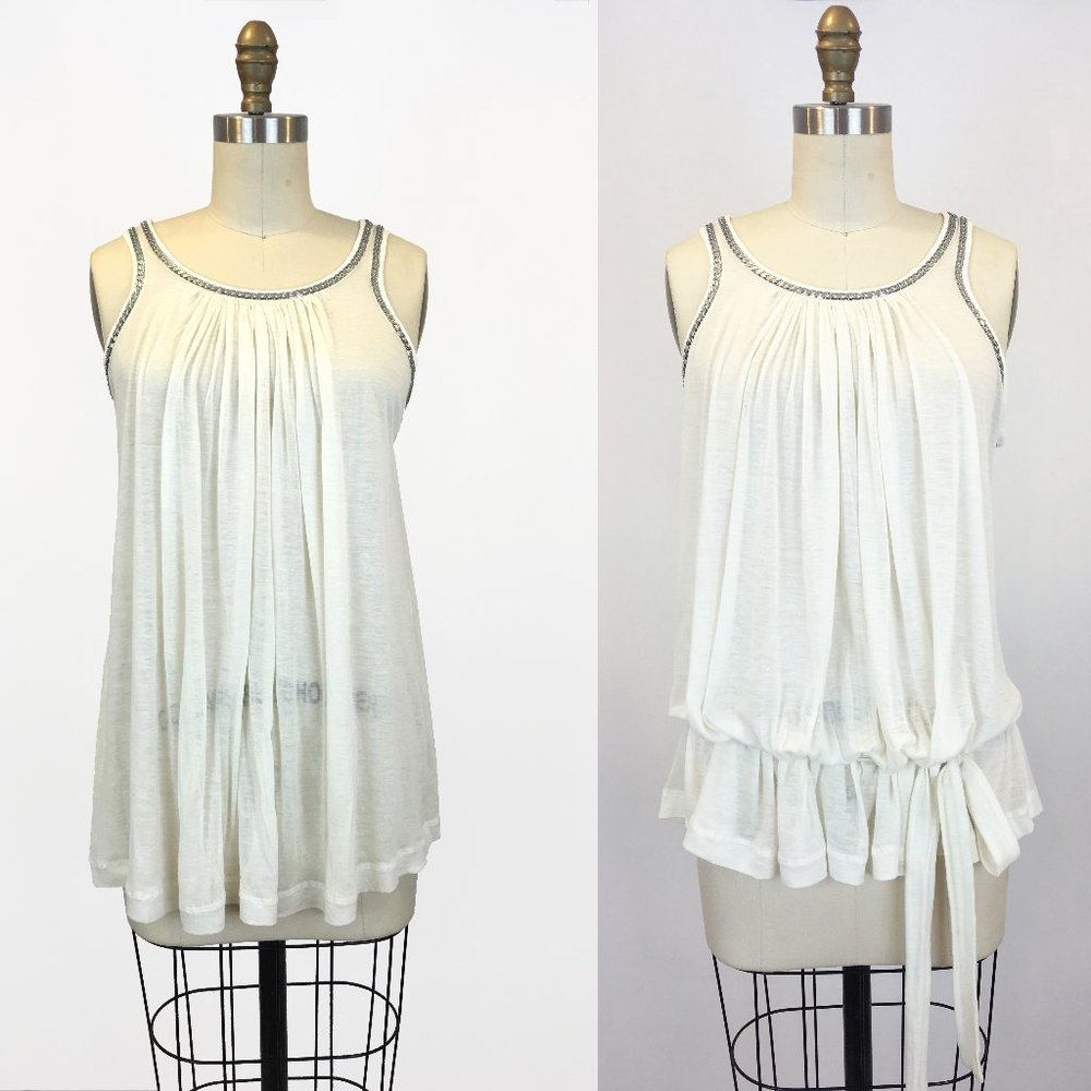 Off White Sheer Jersey Tank Top Silver chain trim